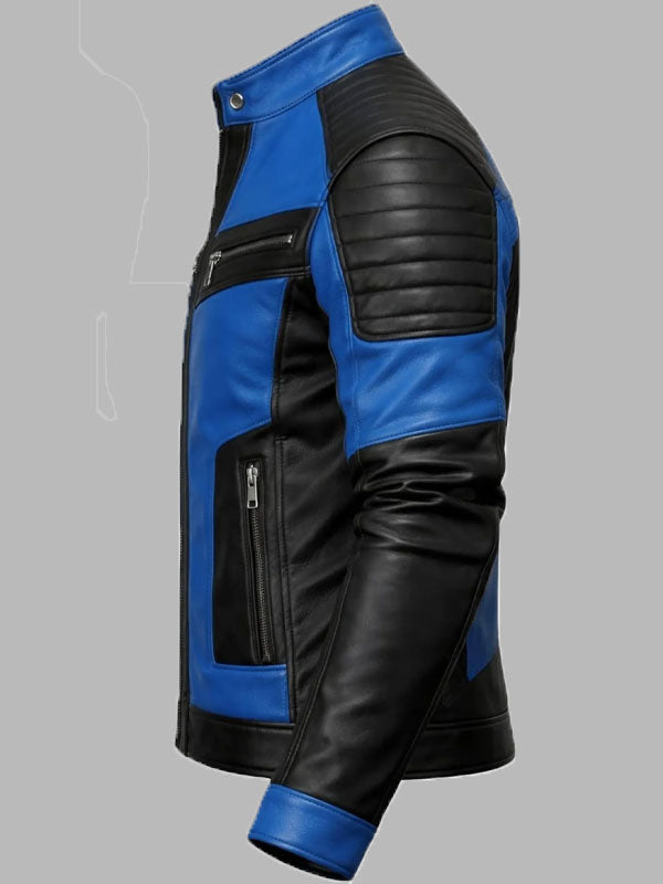 Men's Blue Black Leather Biker Jacket