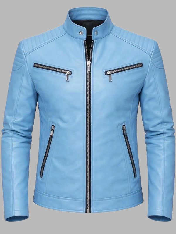 Men's Light Blue Leather Biker Jacket