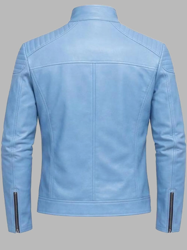 Men's Light Blue Leather Biker Jacket