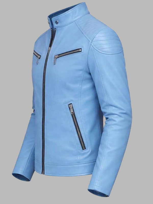 Men's Light Blue Leather Biker Jacket