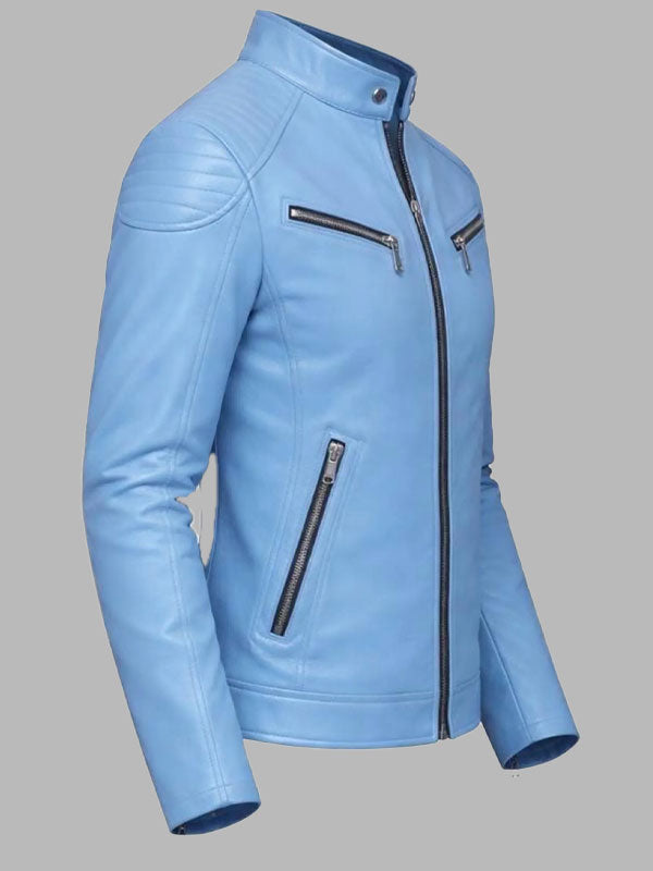 Men's Light Blue Leather Biker Jacket