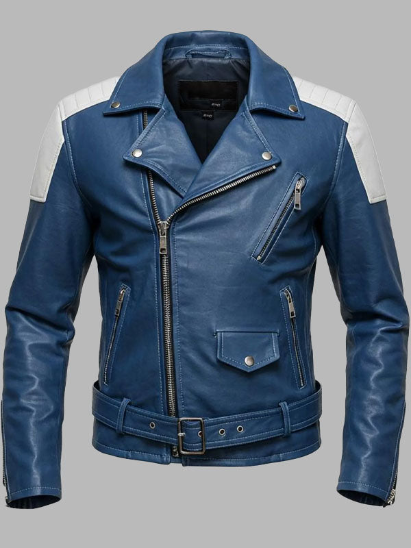 Men's Blue Leather Biker Jacket