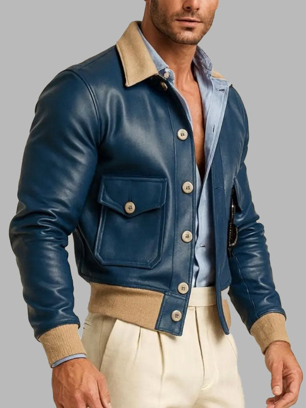Men’s Blue Leather Aviator Jacket