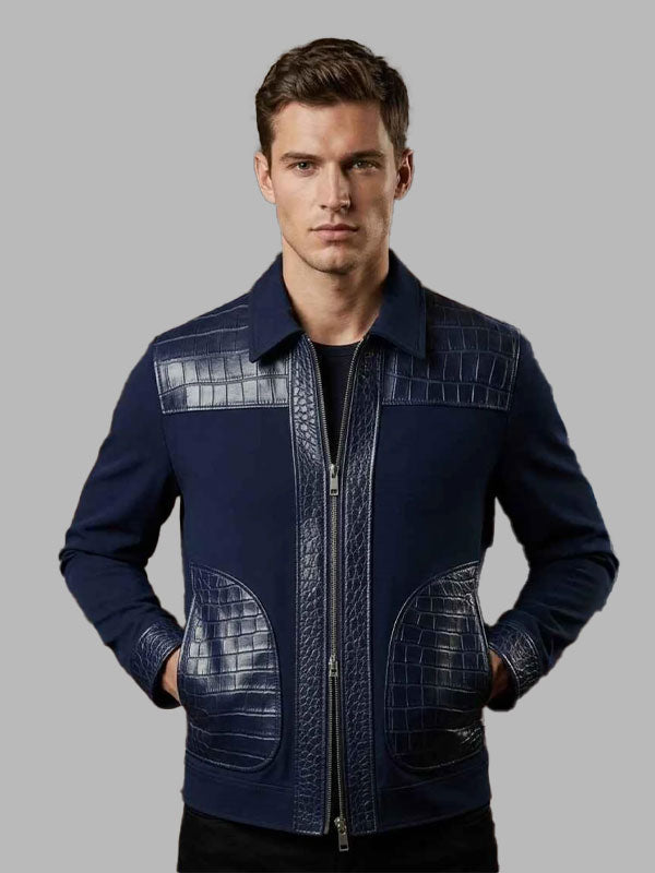 Blue Leather Jacket Men New Trendy Crocodile Style Zip Bomber Jacket