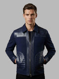 Blue Leather Jacket Men New Trendy Crocodile Style Zip Bomber Jacket