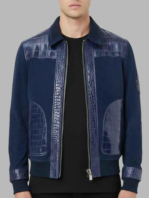 Blue Leather Jacket Men New Trendy Crocodile Style Zip Bomber Jacket