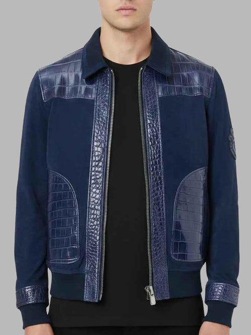 Blue Leather Jacket Men New Trendy Crocodile Style Zip Bomber Jacket