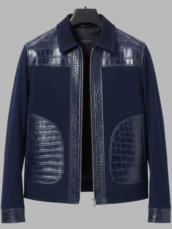 Blue Leather Jacket Men New Trendy Crocodile Style Zip Bomber Jacket