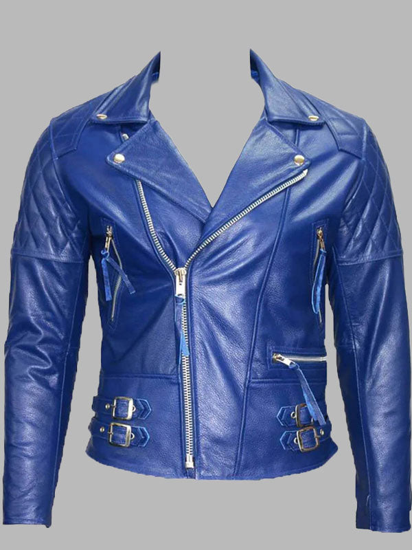 Royal Blue Cafe Racer Leather Motorcycle Jacket