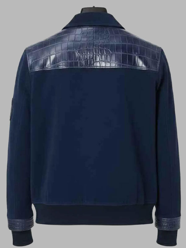 Blue Leather Jacket Men New Trendy Crocodile Style Zip Bomber Jacket