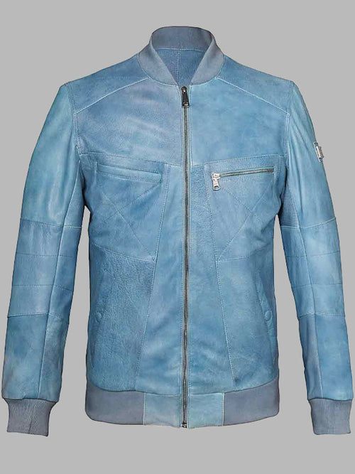 Blue Leather Men's Bomber Jackets