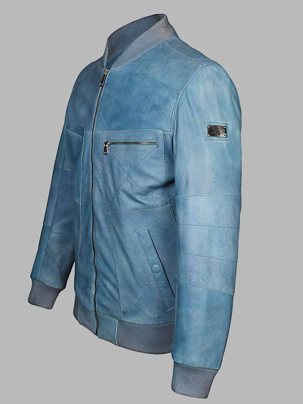 Blue Leather Men's Bomber Jackets