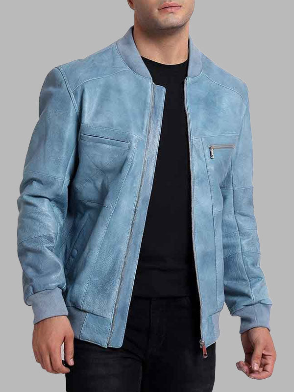 Blue Leather Men's Bomber Jackets