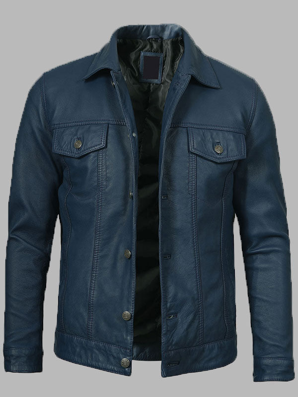 Fernando Washed Leather Trucker Jacket Blue