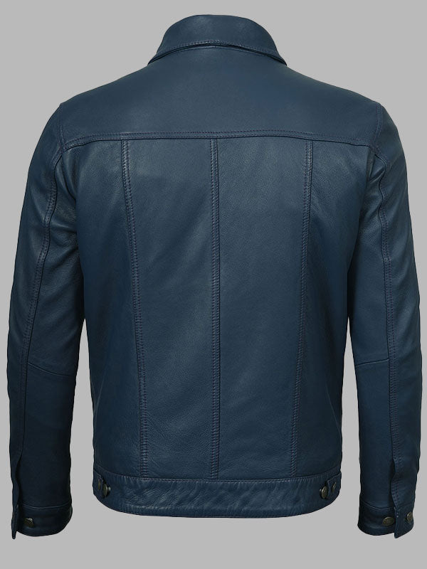 Fernando Washed Leather Trucker Jacket Blue
