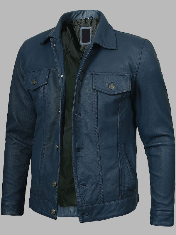 Fernando Washed Leather Trucker Jacket Blue