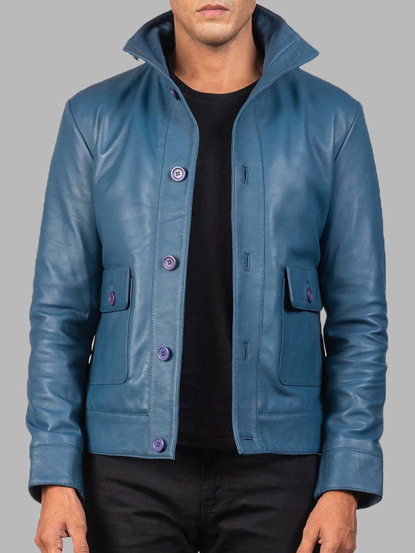 Blue Leather Bomber Jacket