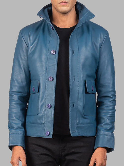 Blue Leather Bomber Jacket