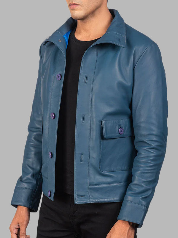 Blue Leather Bomber Jacket