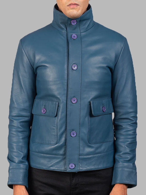 Blue Leather Bomber Jacket