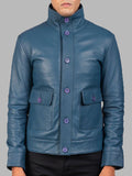 Blue Leather Bomber Jacket