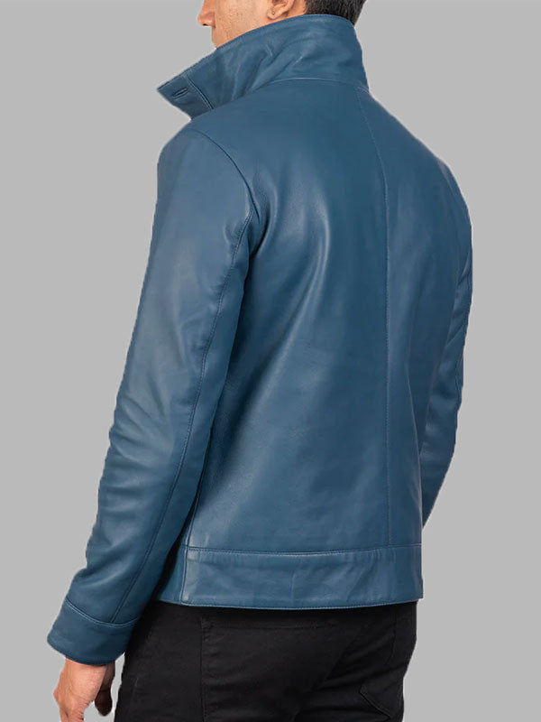 Blue Leather Bomber Jacket
