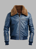 Men Blue Flight Bomber Leather Jacket
