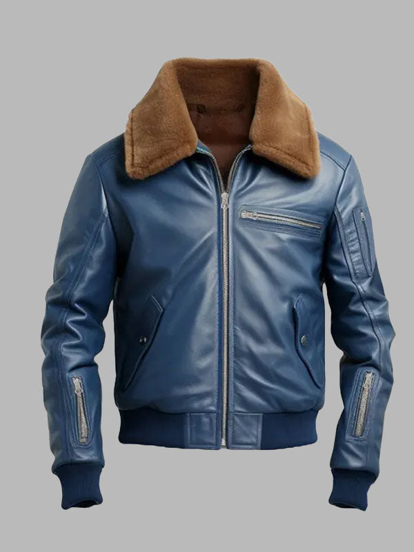 Men Blue Flight Bomber Leather Jacket