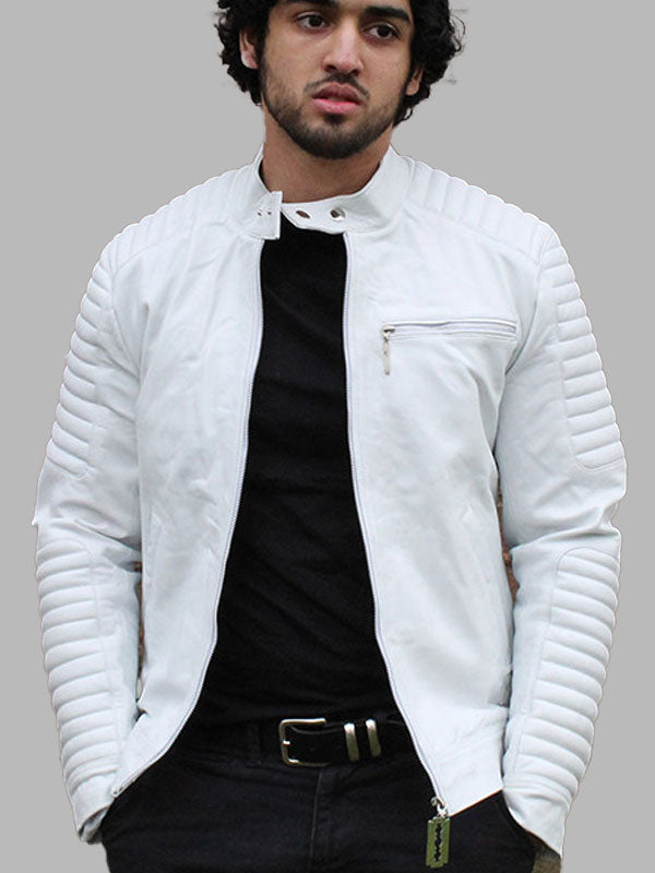 Men's Biker Style White Leather Jacket