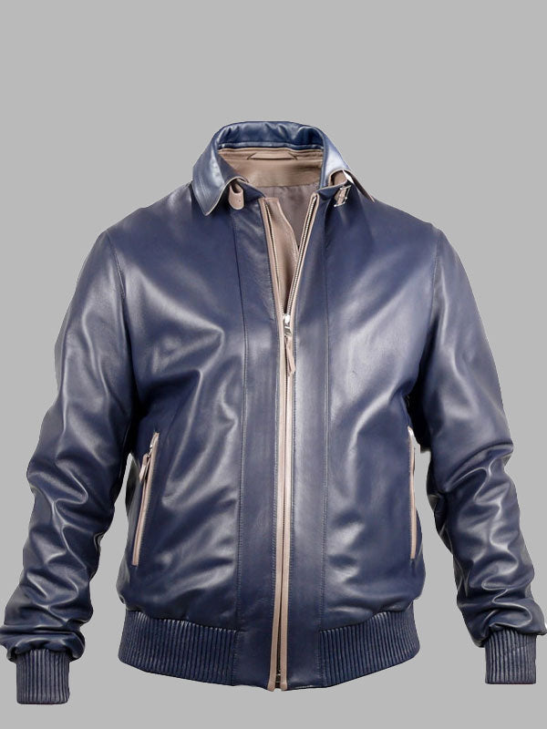 Men’s Classic Navy Blue Biker Bomber Leather Jacket