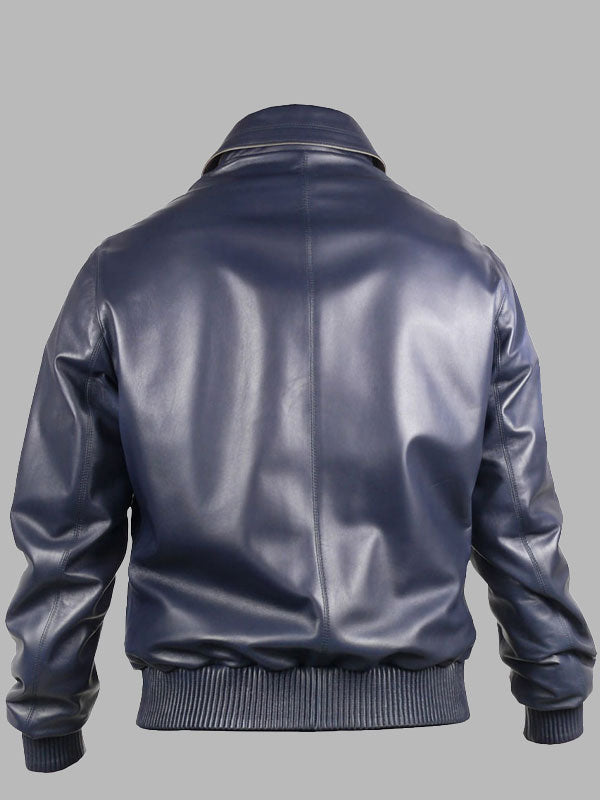 Men’s Classic Navy Blue Biker Bomber Leather Jacket
