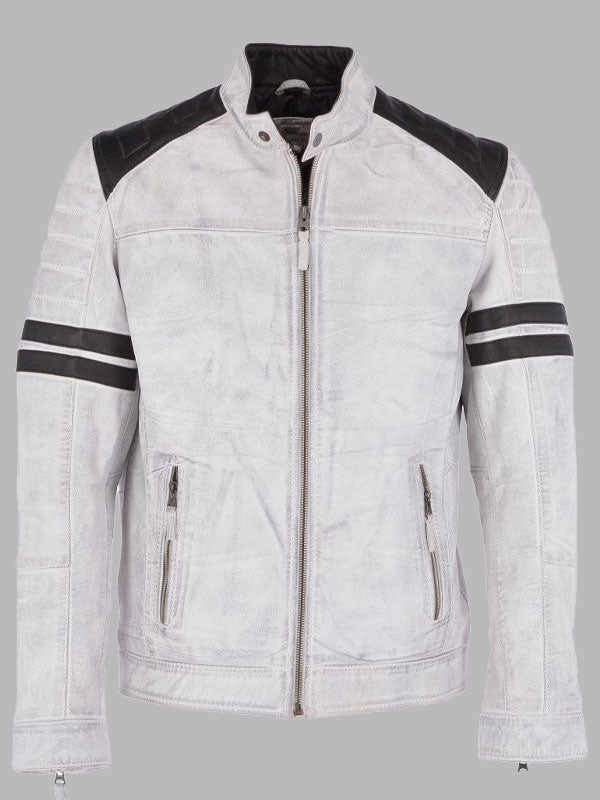 Mens White Leather Biker Jacket