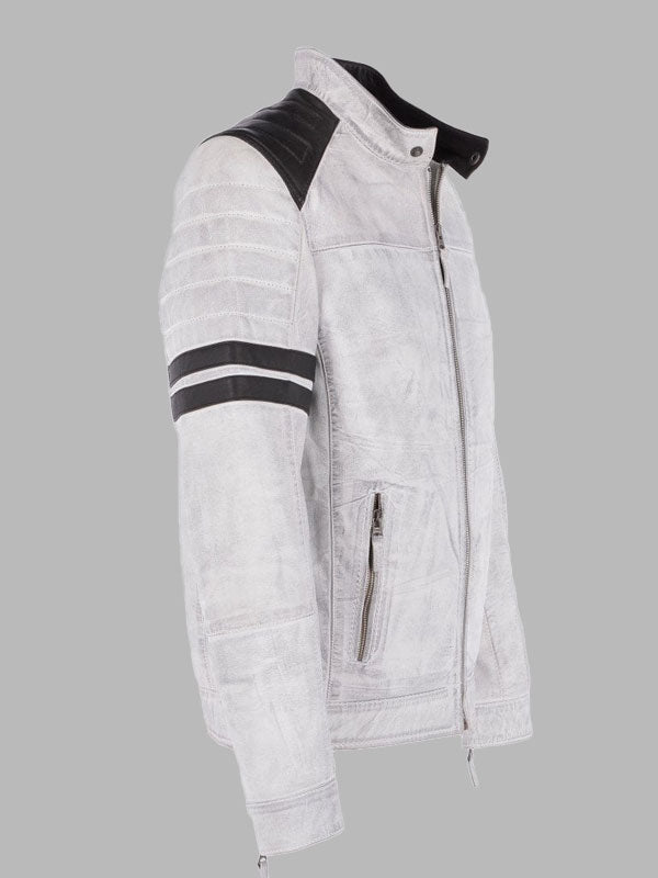 Mens White Leather Biker Jacket