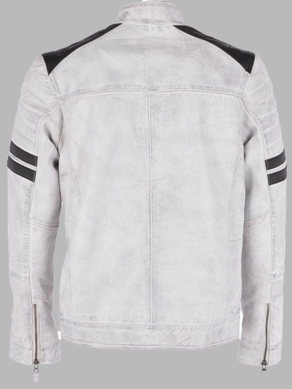 Mens White Leather Biker Jacket