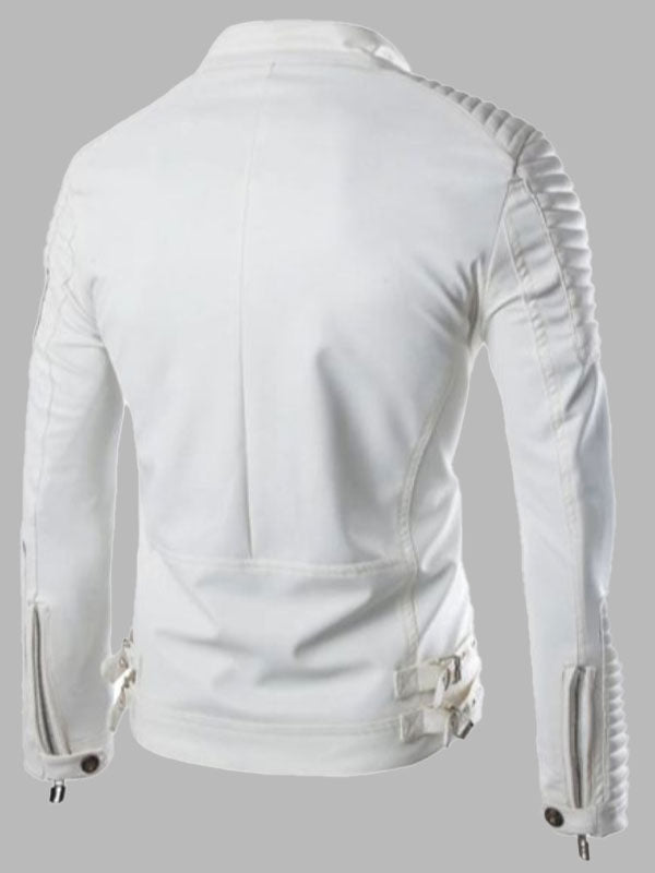 Men's Biker Style White Leather Jacket
