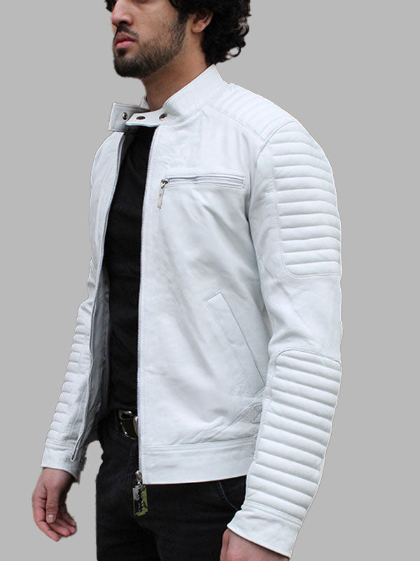 Men's Biker Style White Leather Jacket