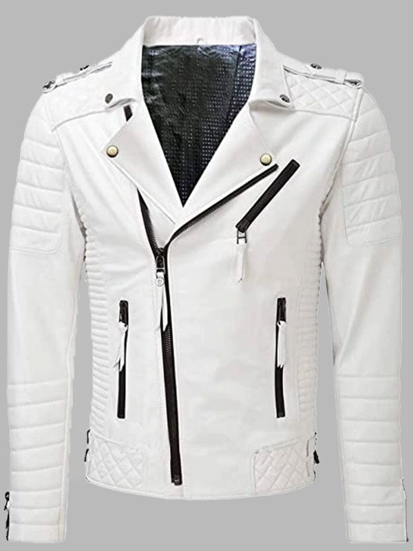 Mens Quilted White Leather Jacket