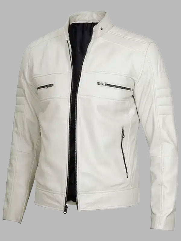 Men's Cafe Racer White Leather Jacket
