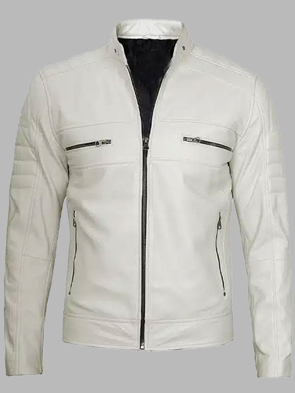 Men's Cafe Racer White Leather Jacket