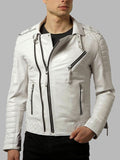 Men's Diamond Quilted Kay Michael White Lambskin Slim Fit Leather Jacket