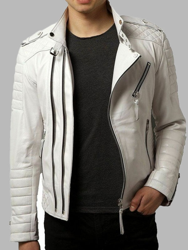 Men's Diamond Quilted Kay Michael White Lambskin Slim Fit Leather Jacket