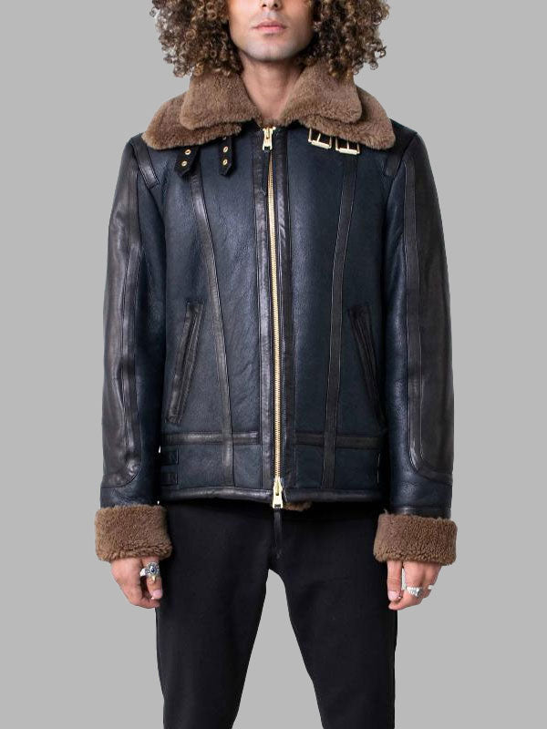 Men's Blue Sheepskin Shearling Leather Jacket