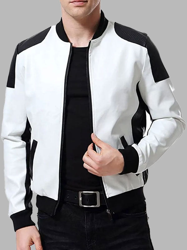 Men’s Black and White Leather Biker Bomber Jacket