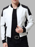 Men’s Black and White Leather Biker Bomber Jacket