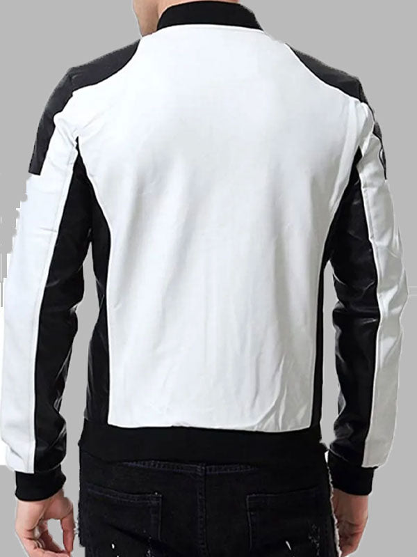 Men’s Black and White Leather Biker Bomber Jacket