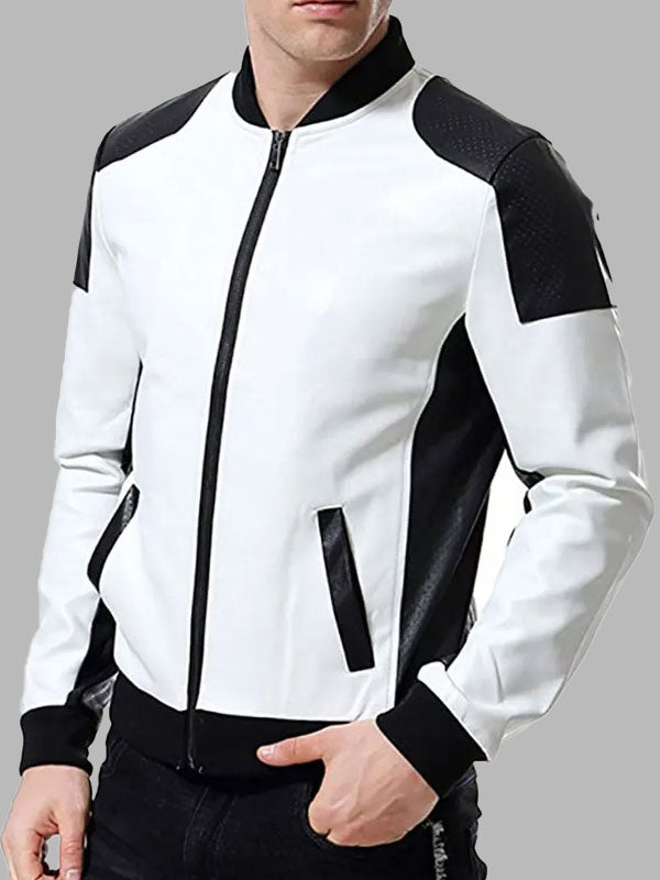 Men’s Black and White Leather Biker Bomber Jacket
