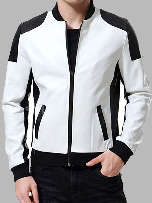 Men’s Black and White Leather Biker Bomber Jacket