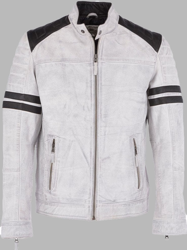 Mens White Leather Biker Jacket