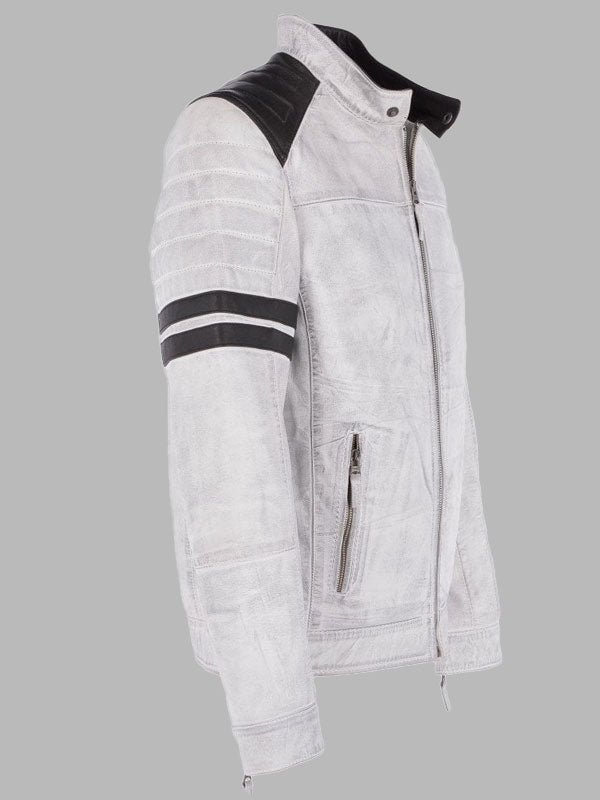 Mens White Leather Biker Jacket
