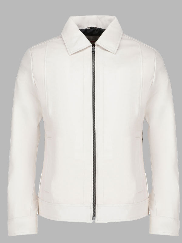 Men White Racer Leather Jacket